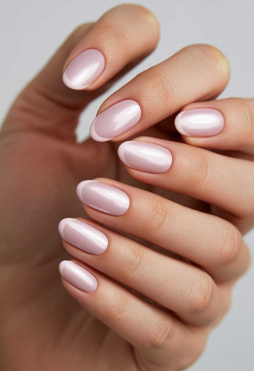 Close-up of a woman's hands displaying pink chrome nails with matte tips.