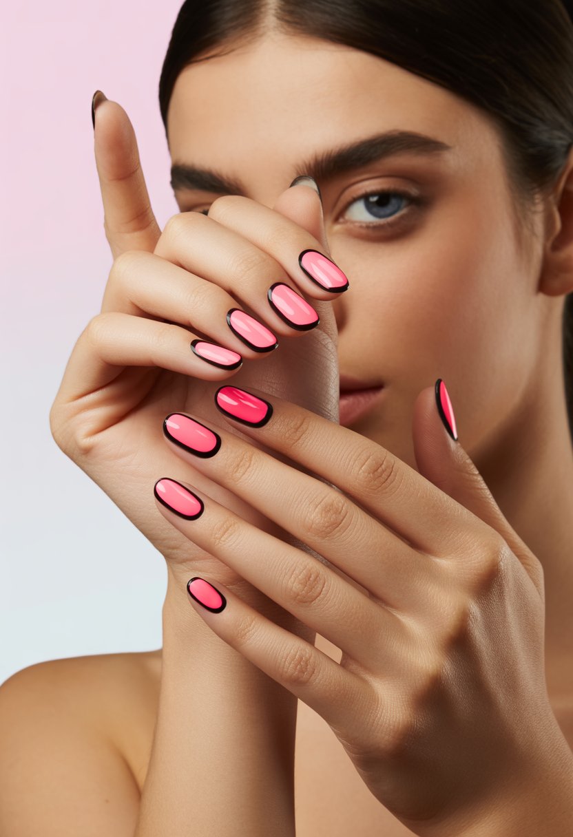 Close-up of a woman's hands displaying 15 nails painted in neon pink chrome with black outlines.