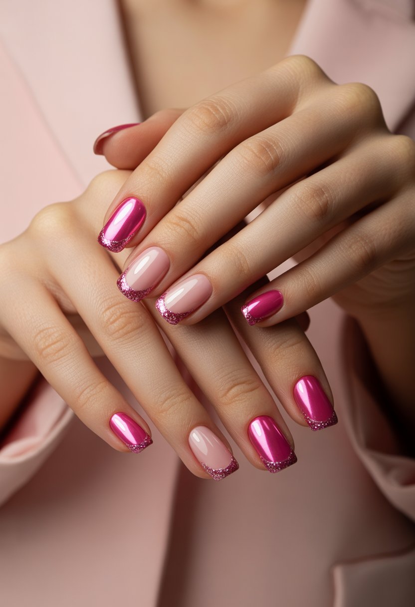 Close-up of a woman's hands with pink chrome and glitter French tip nails against a neutral background.