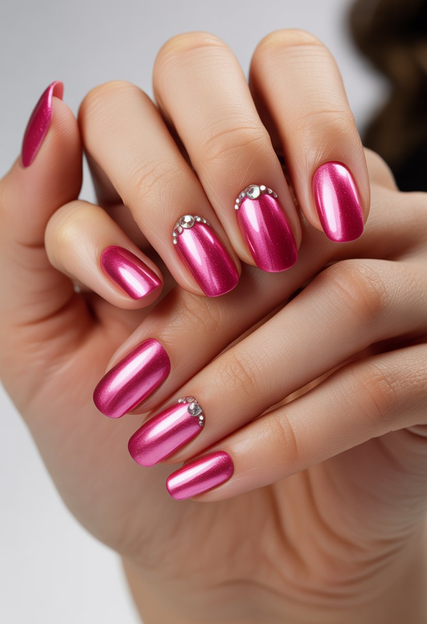 Close-up of a woman's hand with pink chrome nails decorated with rhinestones.