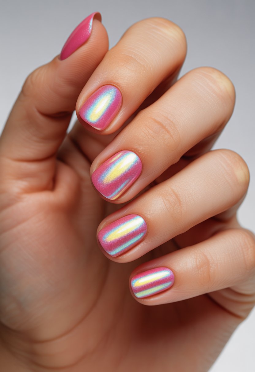Close-up of a woman's hand showing shiny pink chrome nails with rainbow highlights against a soft background.