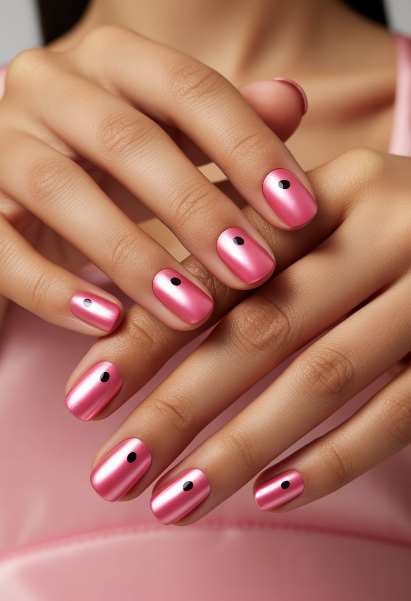 Close-up of a woman's hands with shiny pink nails decorated with small black dots.