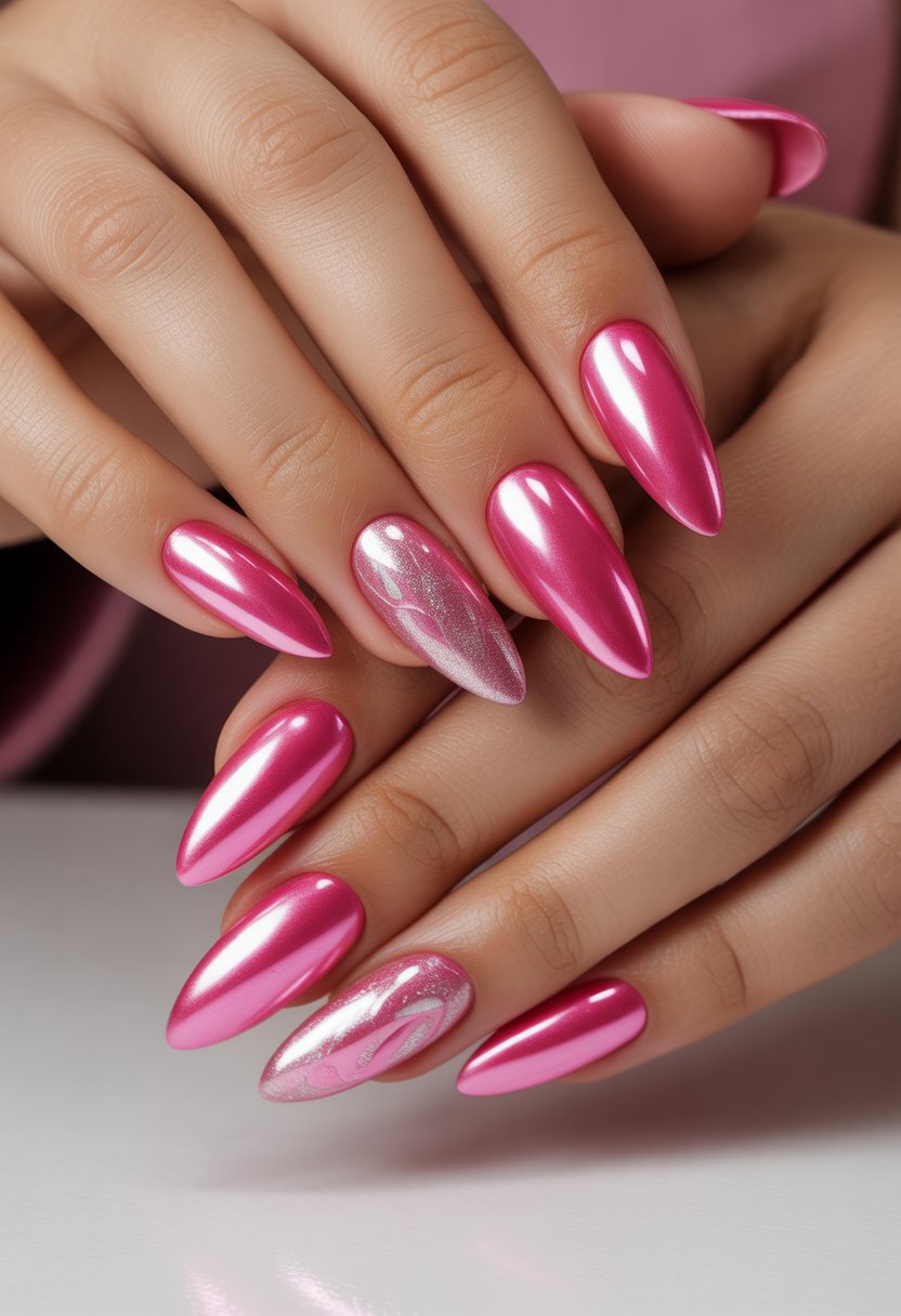 Close-up of a woman's hands with sharp stiletto-shaped nails painted in bright pink chrome.