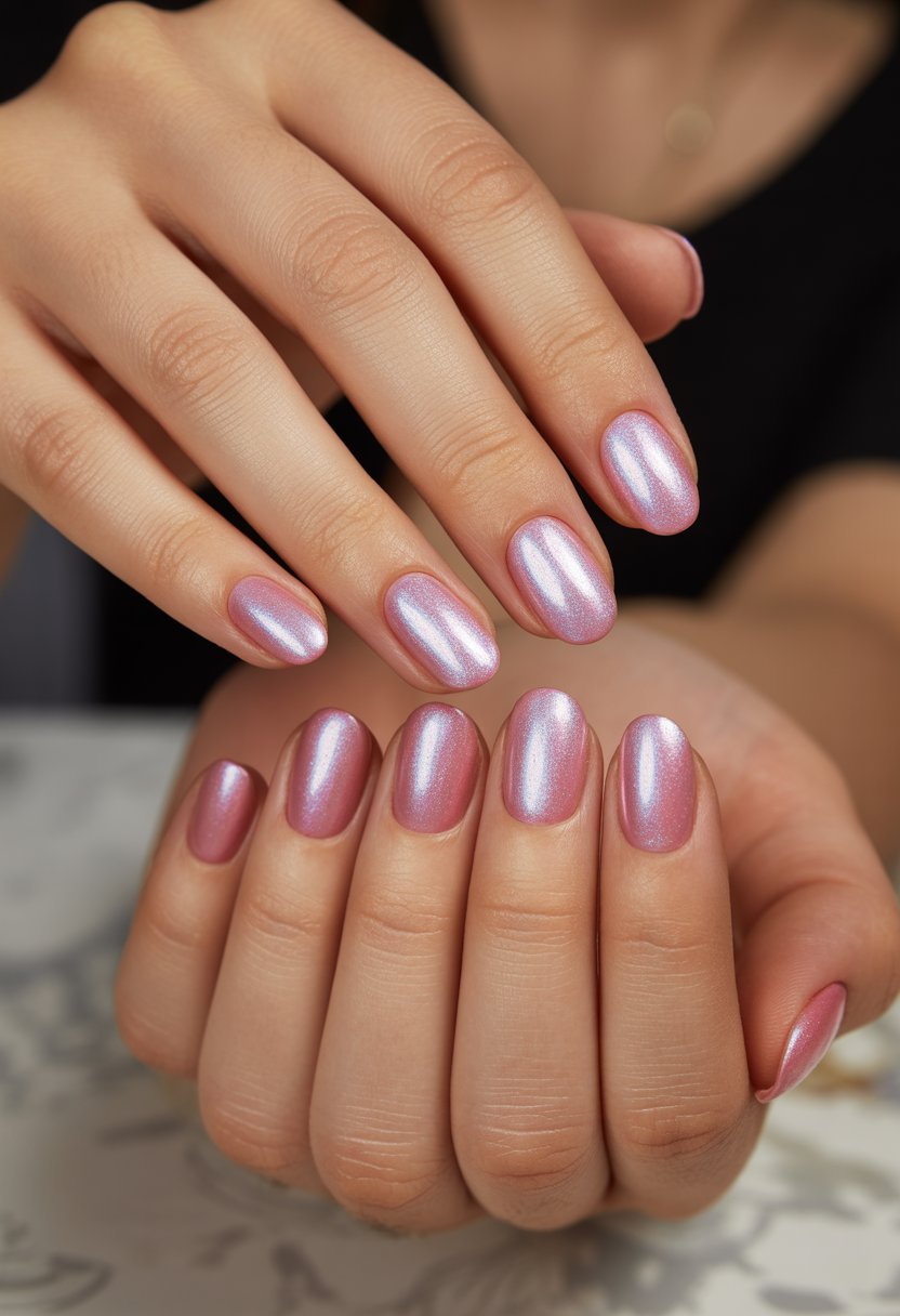 Close-up of a woman's hands displaying pink chrome nails with holographic sparkle.