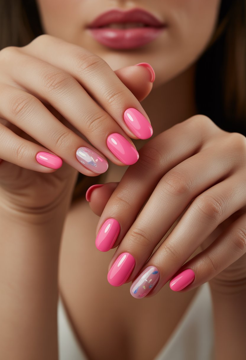 Close-up of a woman's hands with glossy pink chrome nails accented with colorful confetti.