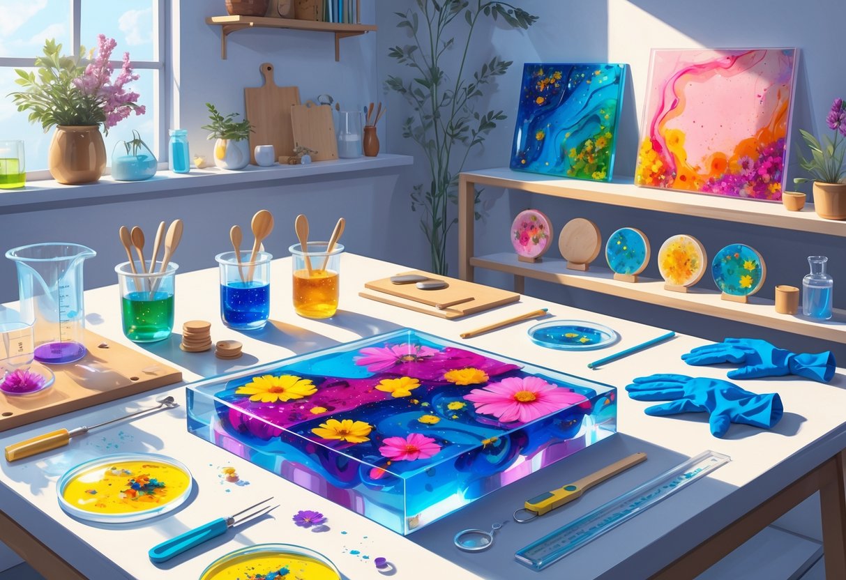 An artist's workspace with tools and materials for epoxy resin art, including colorful resin molds and finished resin pieces on display.
