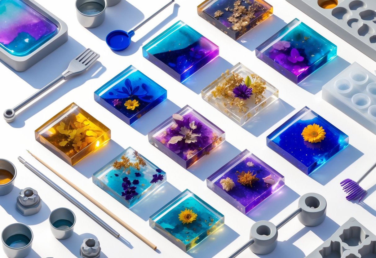 A clean workspace displaying various colorful epoxy resin art samples and tools arranged neatly to show different resin art techniques.