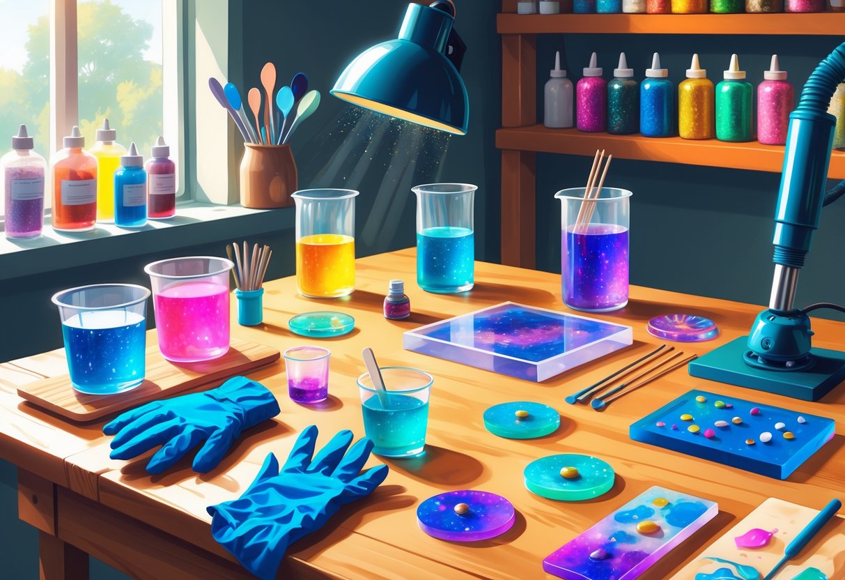 A workspace with tools, materials, and finished pieces for creating epoxy resin art.
