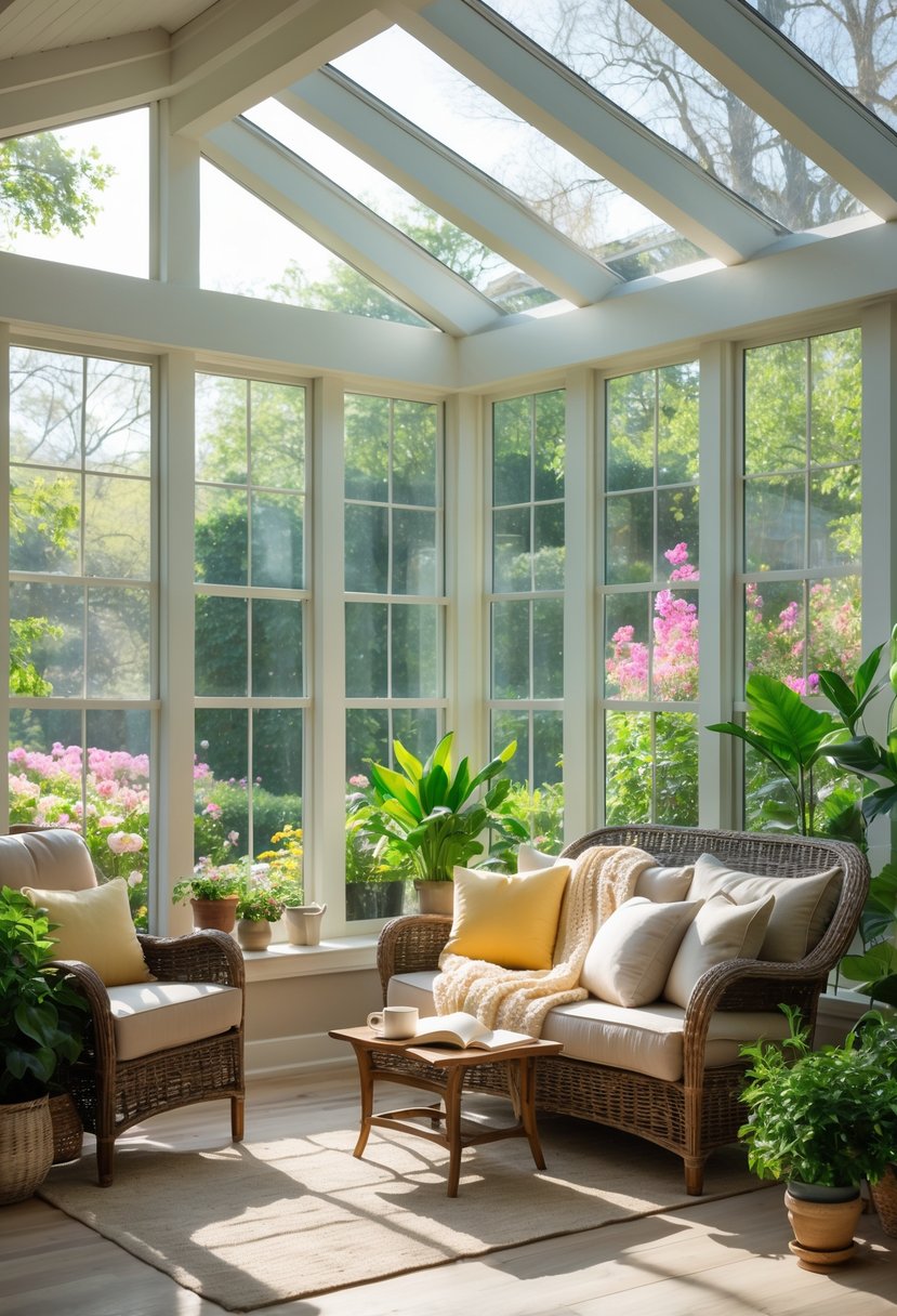 42 Cozy Sunrooms Inspiring Ideas for Relaxing Indoor Spaces 2 A cozy sunroom with large windows, comfortable seating, plants, and a view of a garden outside.