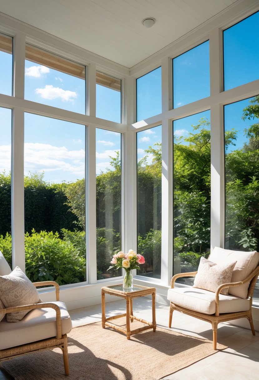 42 Cozy Sunrooms Inspiring Ideas for Relaxing Indoor Spaces 3 A sunroom with large floor-to-ceiling windows letting in abundant natural light, furnished with comfortable chairs and a coffee table, surrounded by greenery outside.
