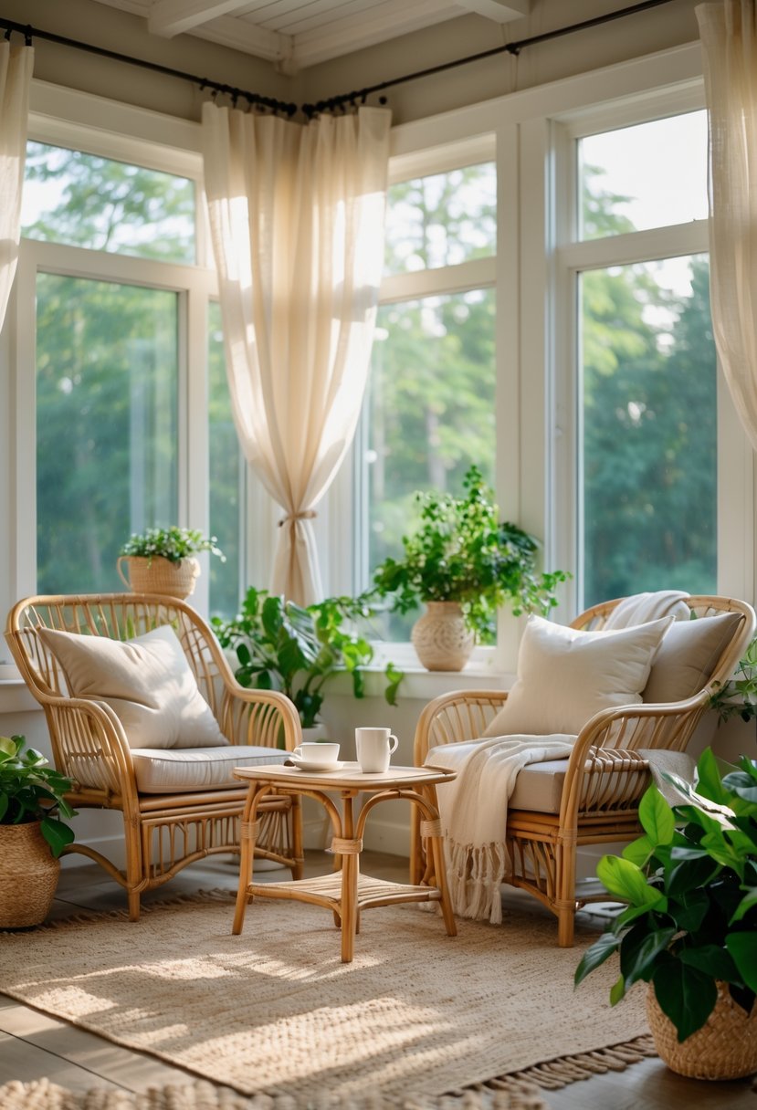 42 Cozy Sunrooms Inspiring Ideas for Relaxing Indoor Spaces 4 A sunroom with rattan furniture, plants, and natural light creating a warm and inviting atmosphere.
