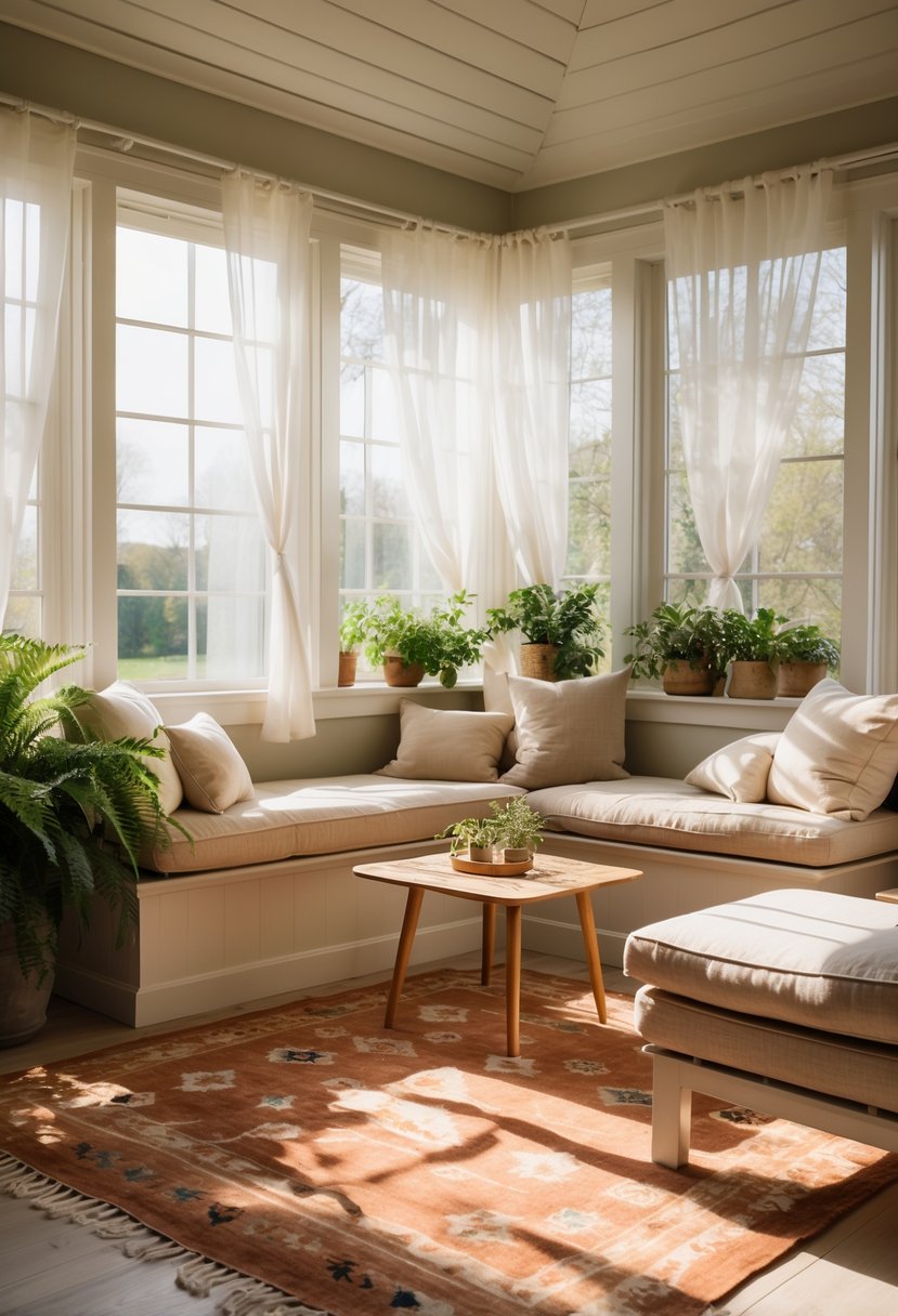 42 Cozy Sunrooms Inspiring Ideas for Relaxing Indoor Spaces 5 A sunlit sunroom with comfortable seating, green plants, and a terracotta-patterned rug on the floor.