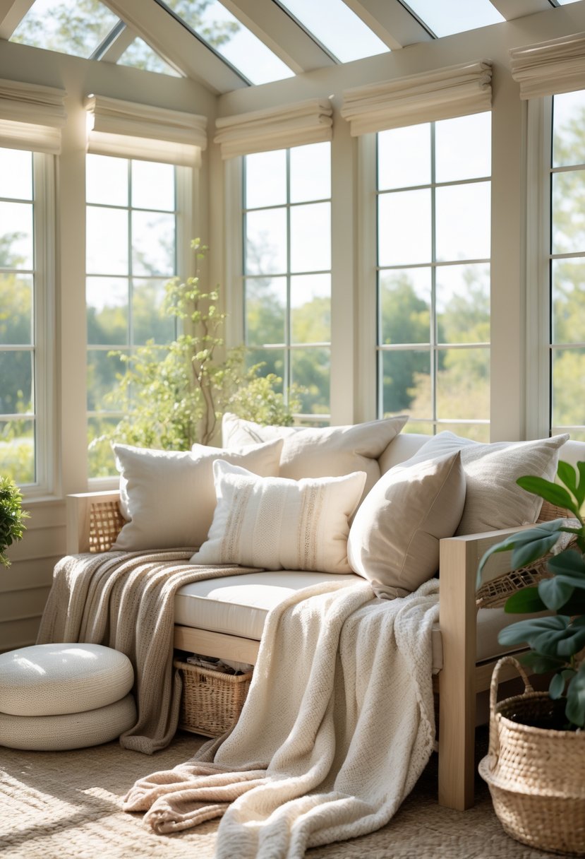 42 Cozy Sunrooms Inspiring Ideas for Relaxing Indoor Spaces 7 A sunlit cozy sunroom with layered soft neutral-toned cushions and throws on comfortable seating, surrounded by plants and natural light.