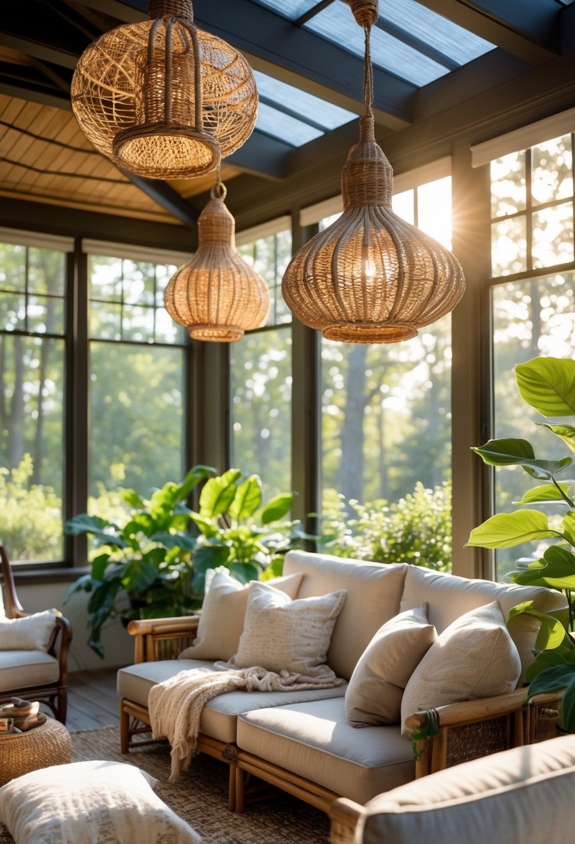 42 Cozy Sunrooms Inspiring Ideas for Relaxing Indoor Spaces 8 A sunroom with woven light fixtures, comfortable seating, large windows, and plants.