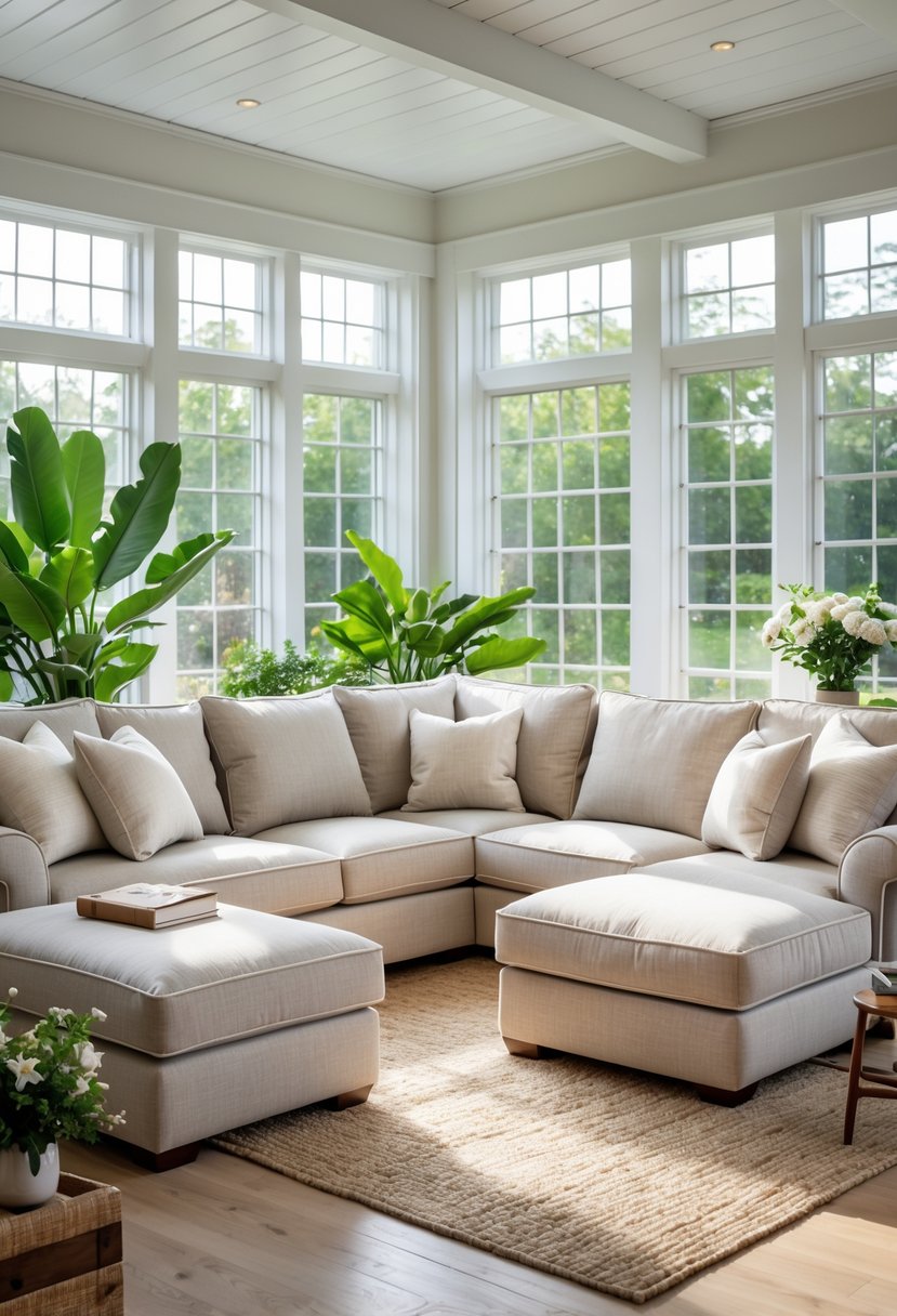42 Cozy Sunrooms Inspiring Ideas for Relaxing Indoor Spaces 9 A bright sunroom with a large upholstered sectional sofa, plants, and a wooden coffee table.