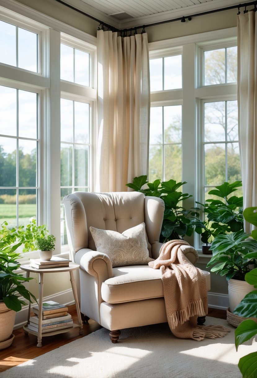 42 Cozy Sunrooms Inspiring Ideas for Relaxing Indoor Spaces 10 A cozy reading nook with an oversized armchair near large sunroom windows, surrounded by plants and a small side table with books.