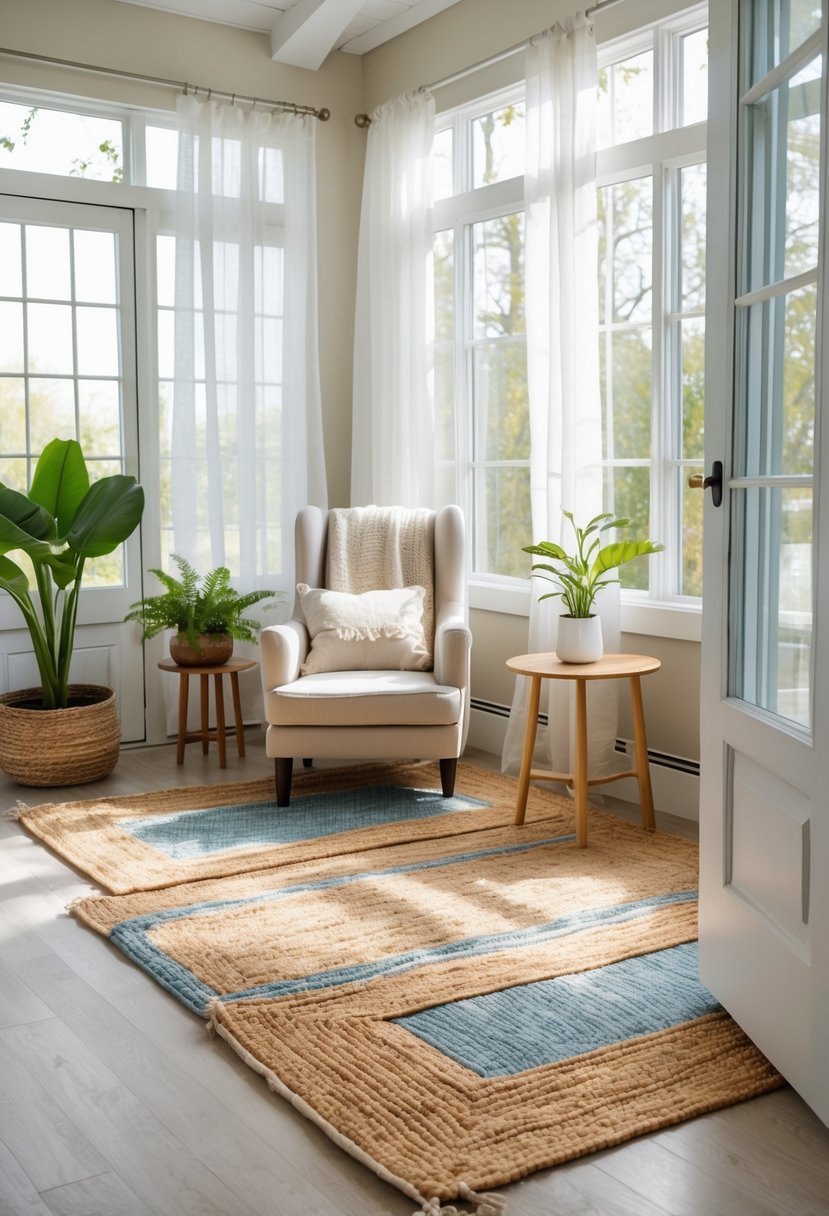 42 Cozy Sunrooms Inspiring Ideas for Relaxing Indoor Spaces 11 A sunroom with layered rugs defining a small seating area with an armchair, side table, and plants by large windows.