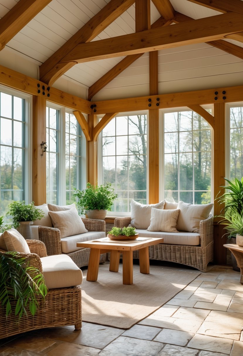 42 Cozy Sunrooms Inspiring Ideas for Relaxing Indoor Spaces 12 A cozy sunroom with wooden beams, stone flooring, comfortable seating, and large windows letting in natural light.