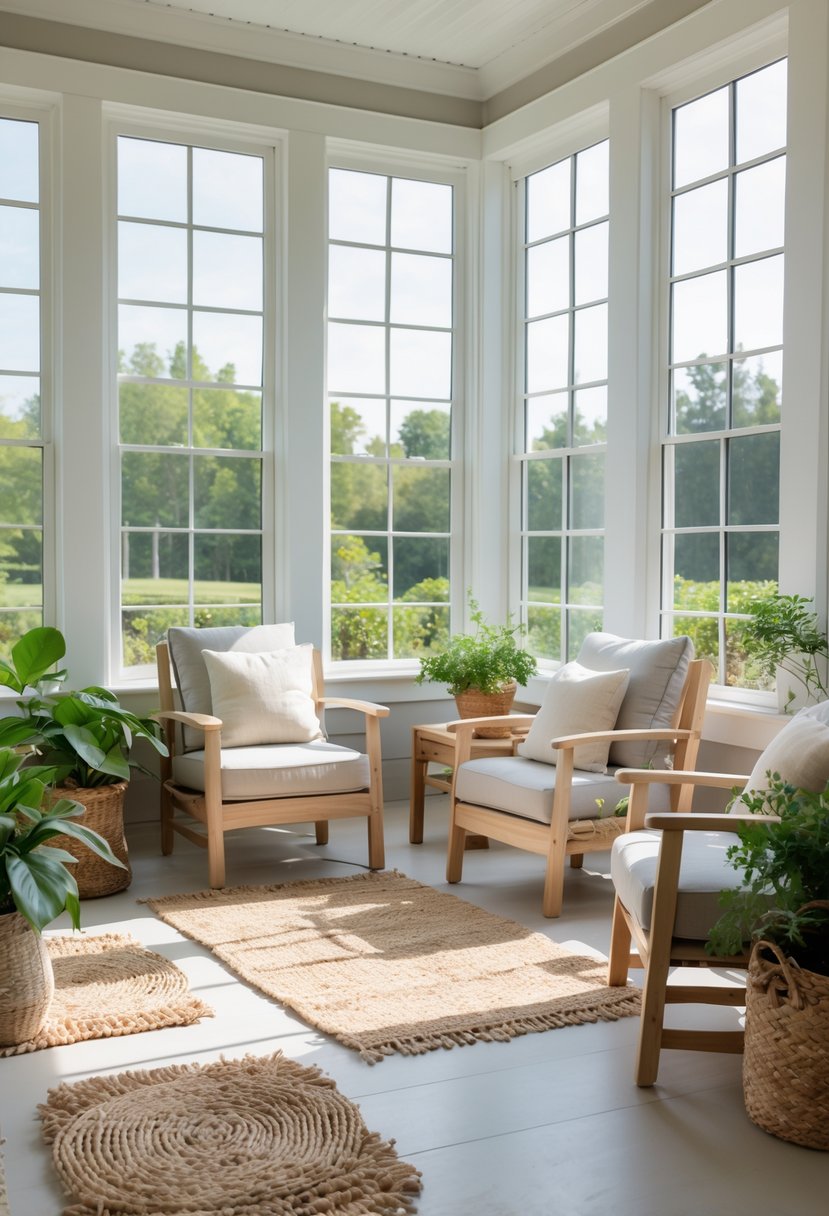 42 Cozy Sunrooms Inspiring Ideas for Relaxing Indoor Spaces 13 A sunroom with large windows, comfortable chairs, potted plants, and jute rugs on the floor.