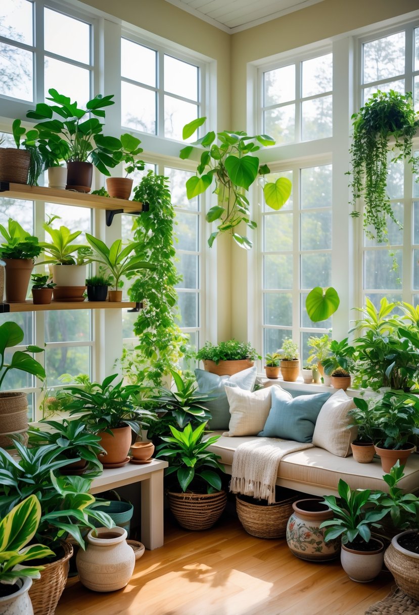 42 Cozy Sunrooms Inspiring Ideas for Relaxing Indoor Spaces 14 A sunroom with large windows, comfortable seating, and many green potted plants arranged around the space.