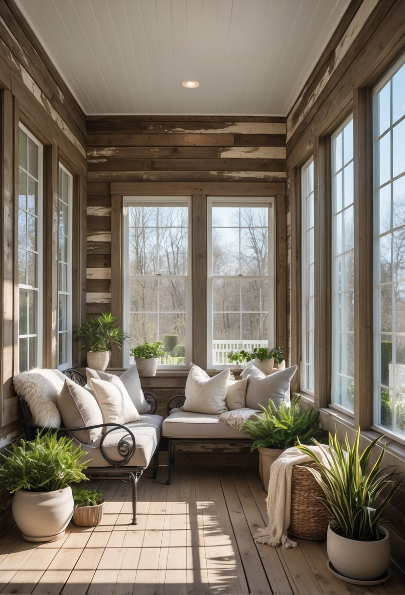 42 Cozy Sunrooms Inspiring Ideas for Relaxing Indoor Spaces 15 A cozy sunroom with distressed wood walls, comfortable seating, large windows, and plants.