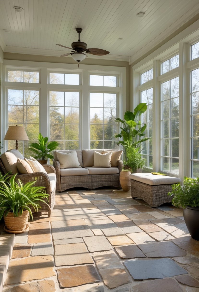 42 Cozy Sunrooms Inspiring Ideas for Relaxing Indoor Spaces 16 A sunroom with natural stone flooring, large windows, comfortable seating, and plants.