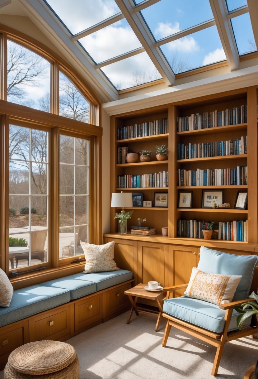 42 Cozy Sunrooms Inspiring Ideas for Relaxing Indoor Spaces 17 A bright sunroom with built-in wooden bookshelves filled with books and comfortable seating near large windows.