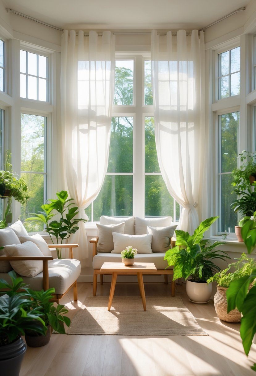 42 Cozy Sunrooms Inspiring Ideas for Relaxing Indoor Spaces 18 A bright sunroom with sheer curtains, comfortable seating, and green plants.