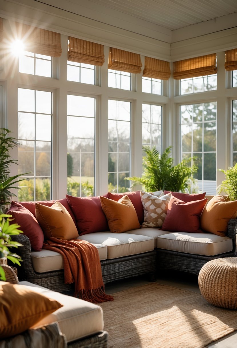 42 Cozy Sunrooms Inspiring Ideas for Relaxing Indoor Spaces 19 A cozy sunroom with comfortable seating and warm-colored throw pillows bathed in natural sunlight.