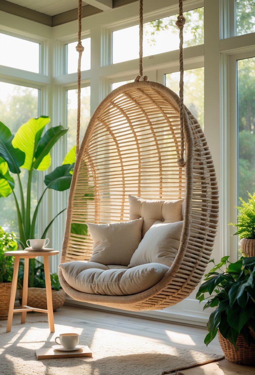 42 Cozy Sunrooms Inspiring Ideas for Relaxing Indoor Spaces 22 A hanging swing chair with cushions in a sunlit room surrounded by plants and cozy decor.