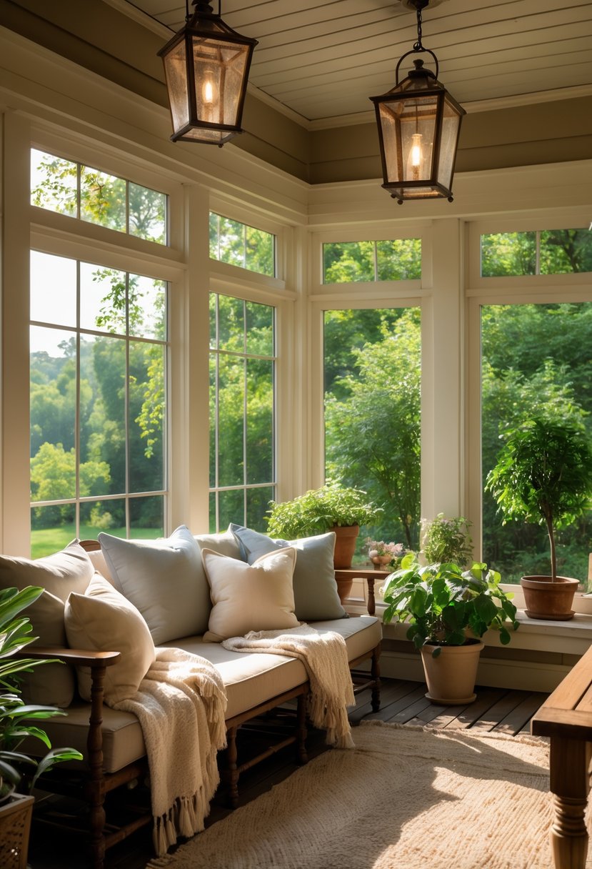 42 Cozy Sunrooms Inspiring Ideas for Relaxing Indoor Spaces 23 A sunroom with comfortable seating, vintage lantern lights, large windows showing greenery, and cozy decor.