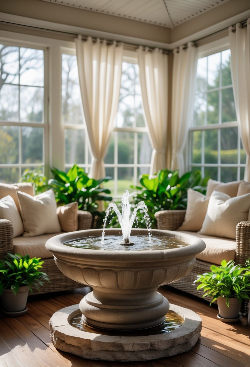 42 Cozy Sunrooms Inspiring Ideas for Relaxing Indoor Spaces 24 A sunlit cozy sunroom with comfortable seating, green plants, and an indoor fountain with flowing water.