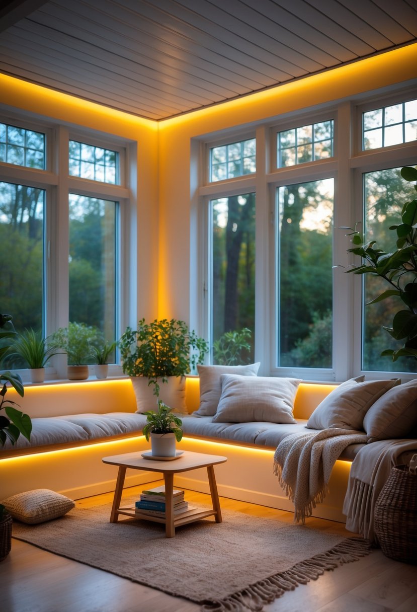 42 Cozy Sunrooms Inspiring Ideas for Relaxing Indoor Spaces 25 A cozy sunroom with large windows, comfortable seating, plants, and warm lighting.