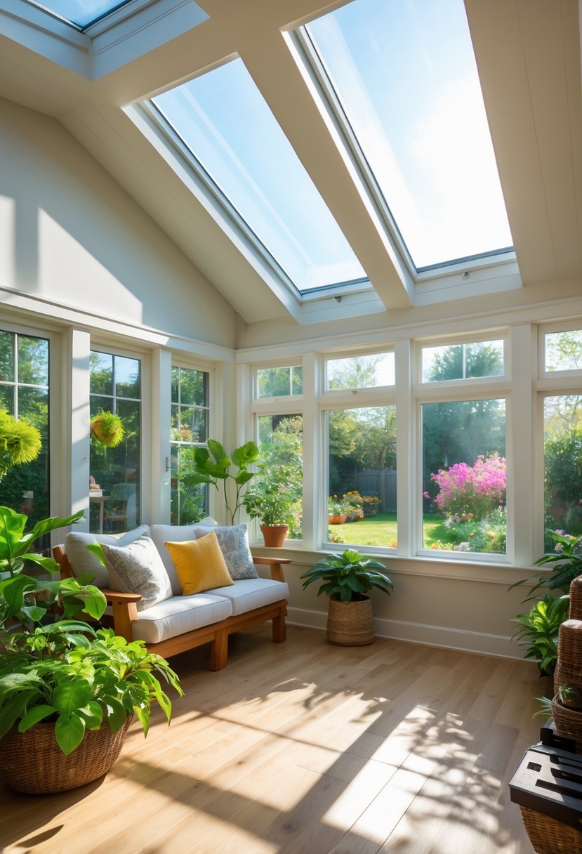 42 Cozy Sunrooms Inspiring Ideas for Relaxing Indoor Spaces 26 A sunroom with skylights letting in natural sunlight, furnished with comfortable chairs and plants.