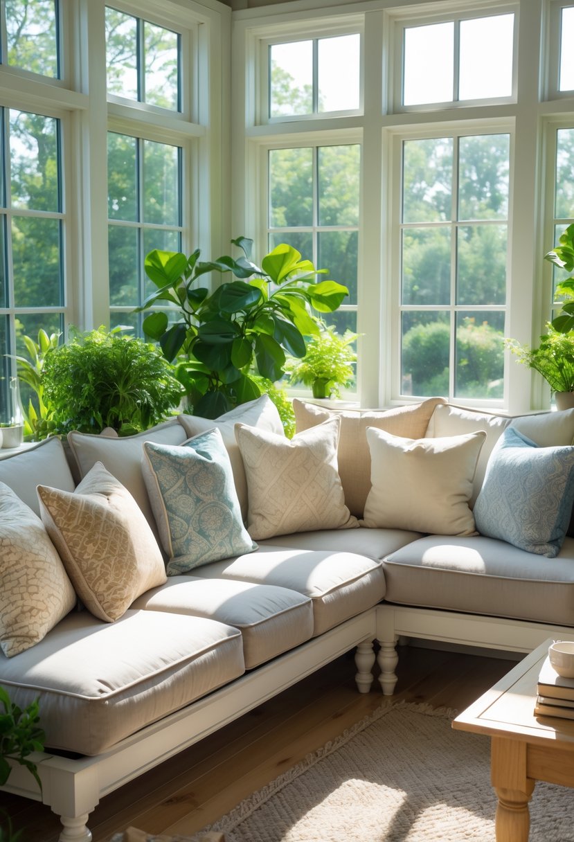 42 Cozy Sunrooms Inspiring Ideas for Relaxing Indoor Spaces 27 A sunroom with a sofa covered in patterned and plain cushions, sunlight coming through large windows, and green plants nearby.