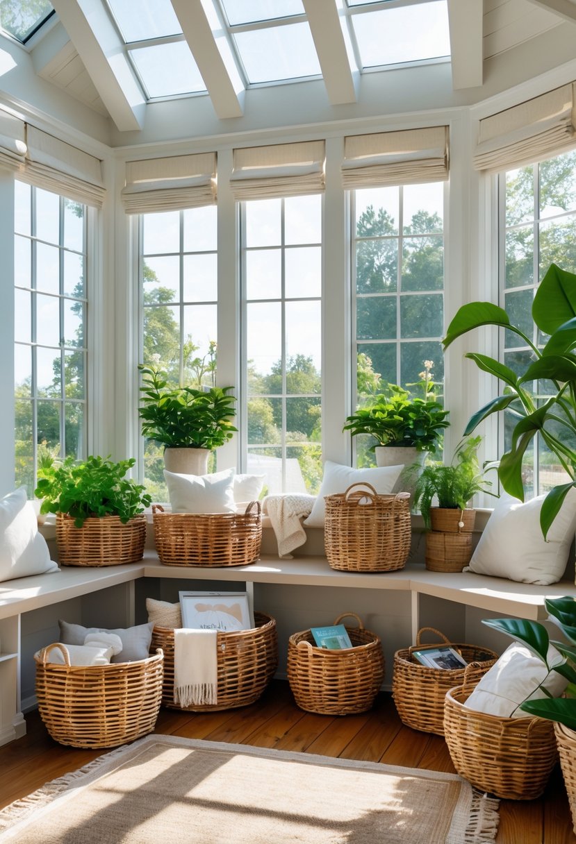 42 Cozy Sunrooms Inspiring Ideas for Relaxing Indoor Spaces 28 A sunroom with large windows, wicker baskets used for storage and decoration, comfortable seating, and green plants.