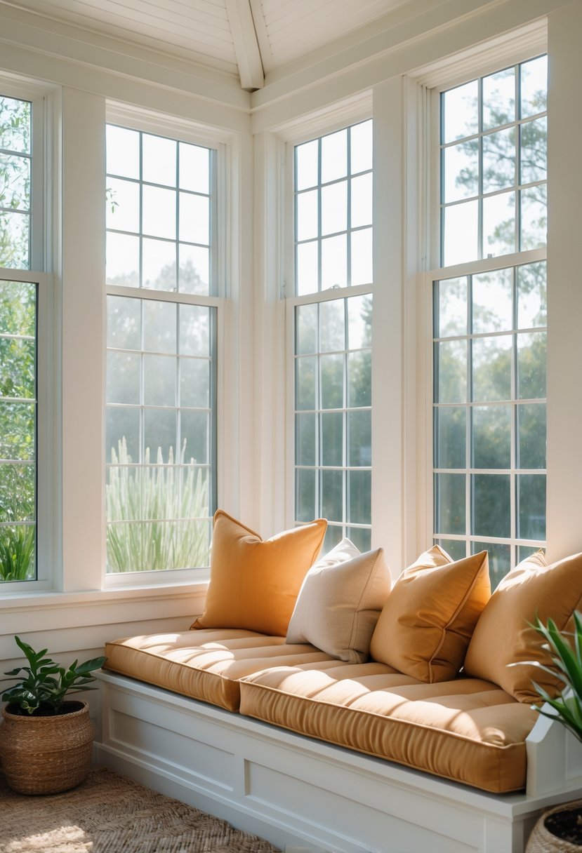 42 Cozy Sunrooms Inspiring Ideas for Relaxing Indoor Spaces 29 A cozy sunroom with a cushioned bench placed by large windows letting in natural light.