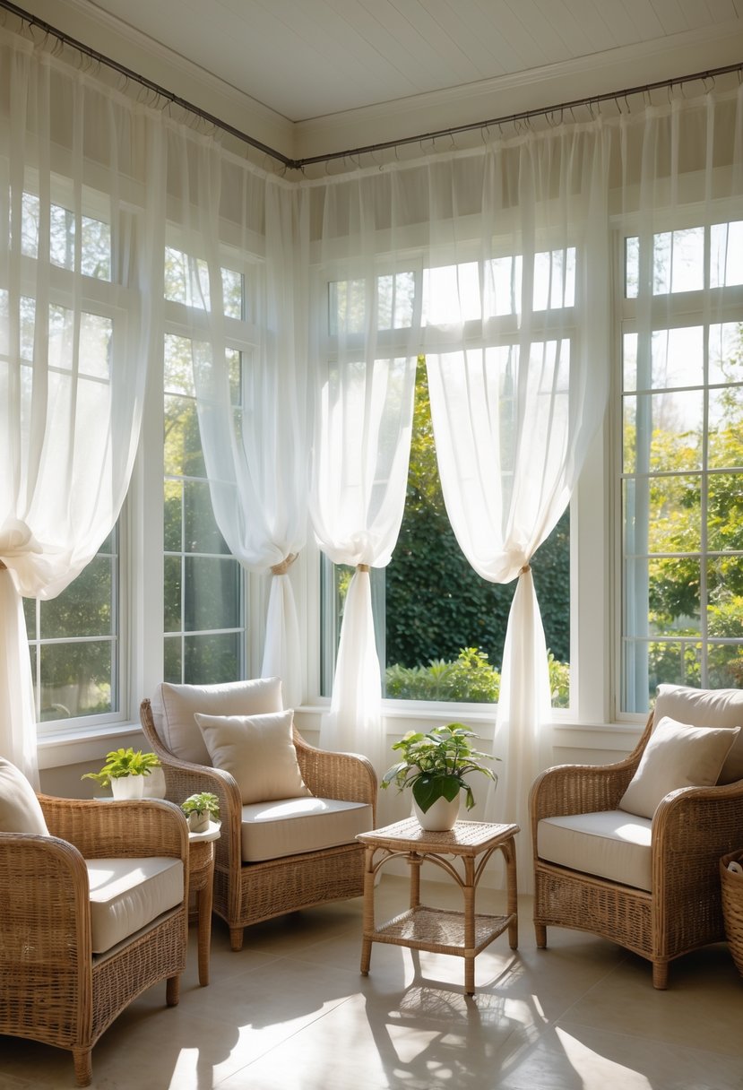 42 Cozy Sunrooms Inspiring Ideas for Relaxing Indoor Spaces 30 A sunroom with large windows covered by sheer white curtains, comfortable seating, and natural light filling the space.