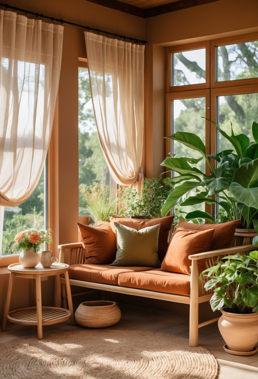 42 Cozy Sunrooms Inspiring Ideas for Relaxing Indoor Spaces 31 A cozy sunroom with large windows, comfortable seating, plants, and warm earthy colors.