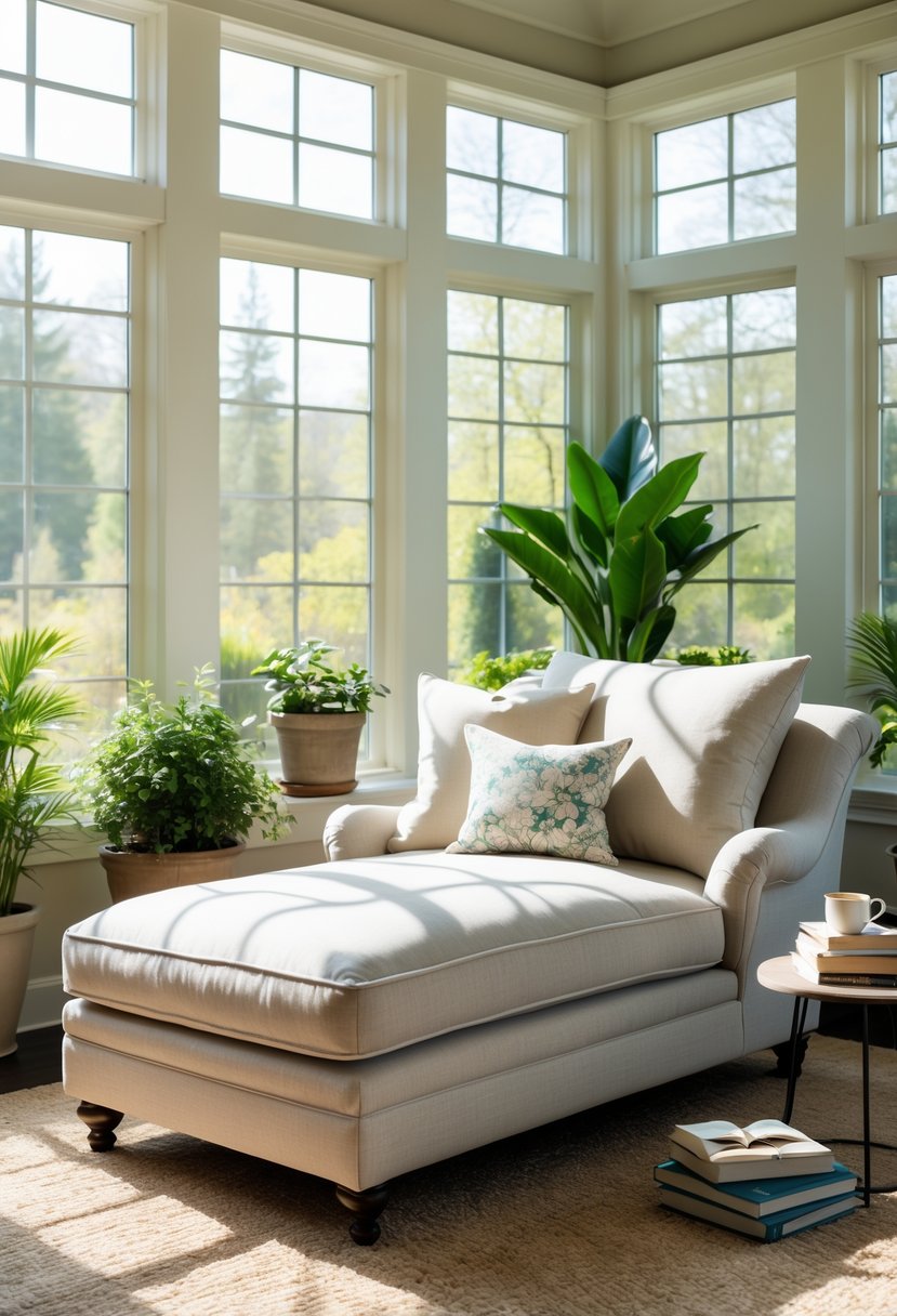 42 Cozy Sunrooms Inspiring Ideas for Relaxing Indoor Spaces 32 A sunroom with a plush chaise lounge near large windows, surrounded by plants and a small table with books and a cup.