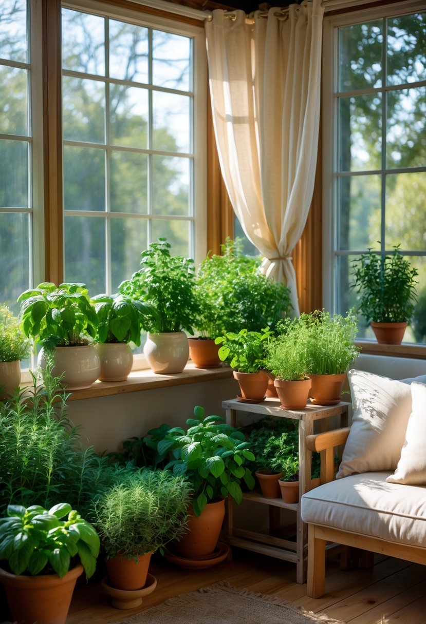 42 Cozy Sunrooms Inspiring Ideas for Relaxing Indoor Spaces 33 A sunlit cozy sunroom with a small indoor herb garden on wooden shelves and a table, surrounded by comfortable seating.
