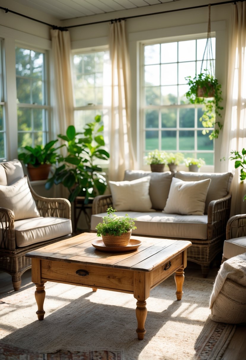 42 Cozy Sunrooms Inspiring Ideas for Relaxing Indoor Spaces 34 A sunlit room with a vintage wooden coffee table surrounded by comfortable chairs and green plants.