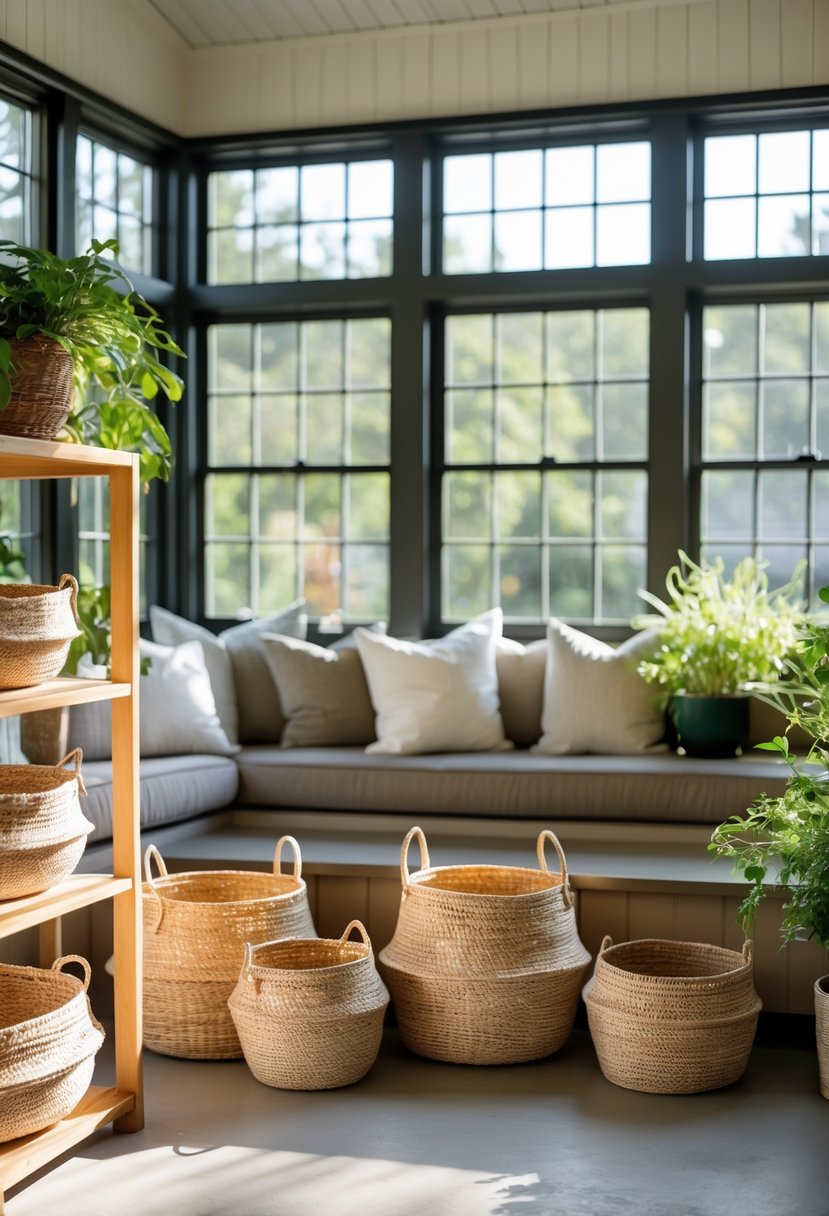 42 Cozy Sunrooms Inspiring Ideas for Relaxing Indoor Spaces 35 A sunlit cozy sunroom with woven storage baskets arranged on shelves and the floor, surrounded by comfortable seating and plants.