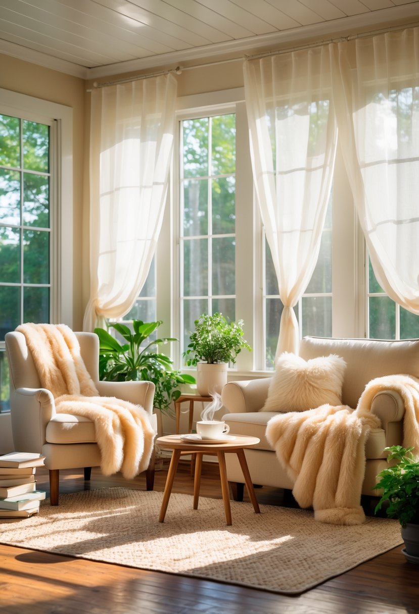 42 Cozy Sunrooms Inspiring Ideas for Relaxing Indoor Spaces 36 A sunlit room with large windows, cozy seating covered with soft faux fur throws, plants, and a small coffee table.