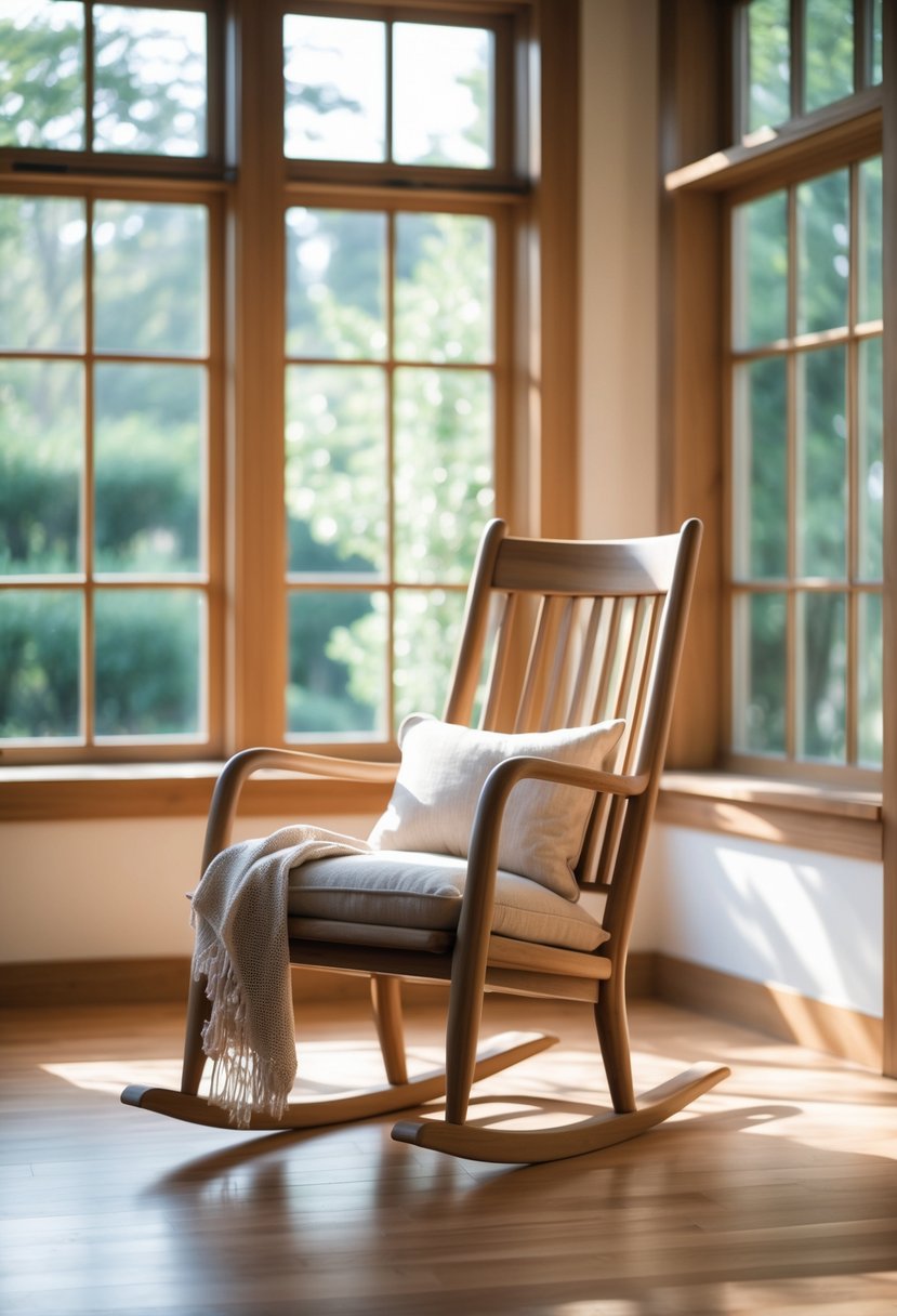 42 Cozy Sunrooms Inspiring Ideas for Relaxing Indoor Spaces 37 A wooden rocking chair in a sunroom with large windows letting in natural light and greenery outside.