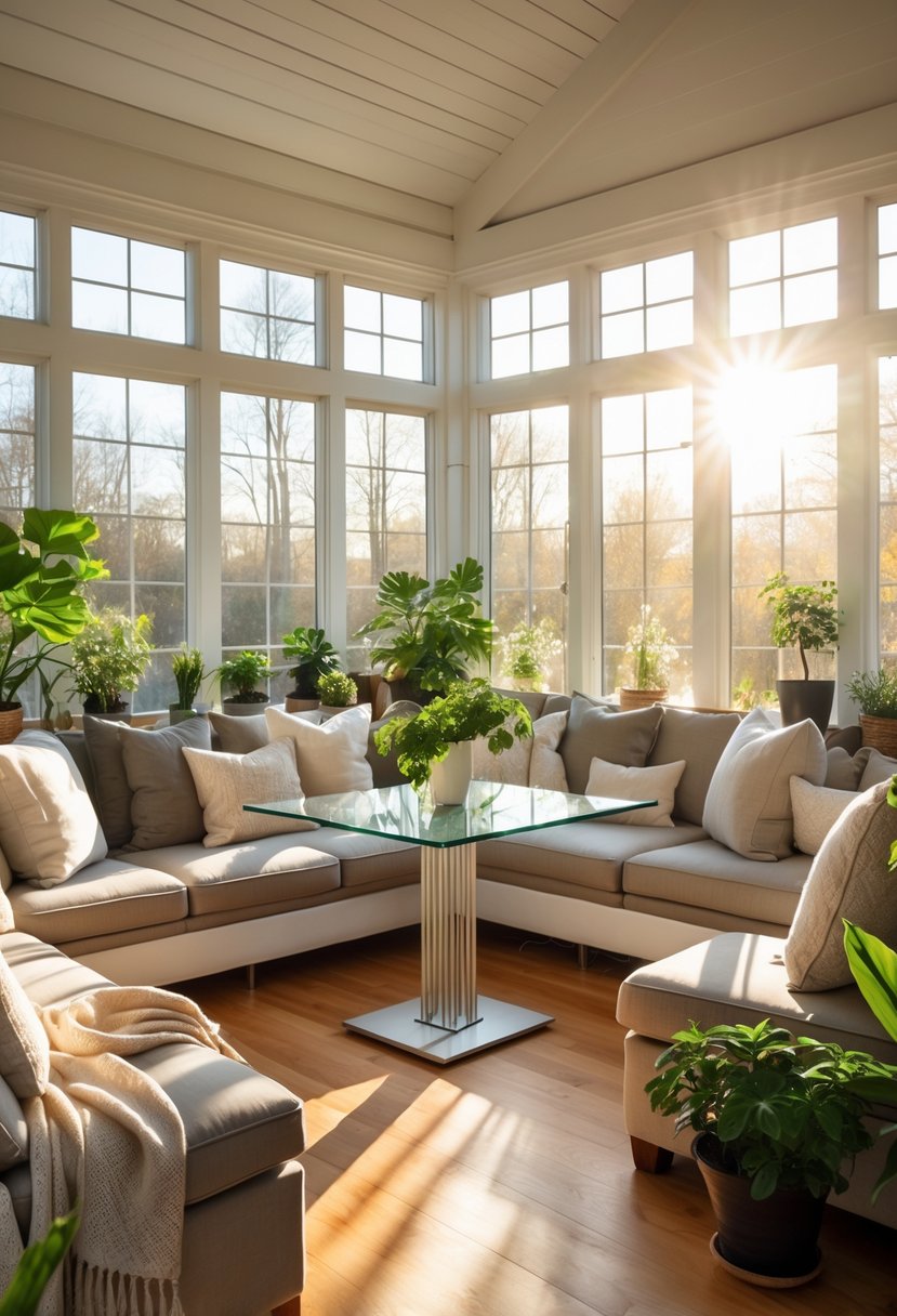 42 Cozy Sunrooms Inspiring Ideas for Relaxing Indoor Spaces 38 A sunlit cozy sunroom with comfortable seating and a glass-top table reflecting sunlight.