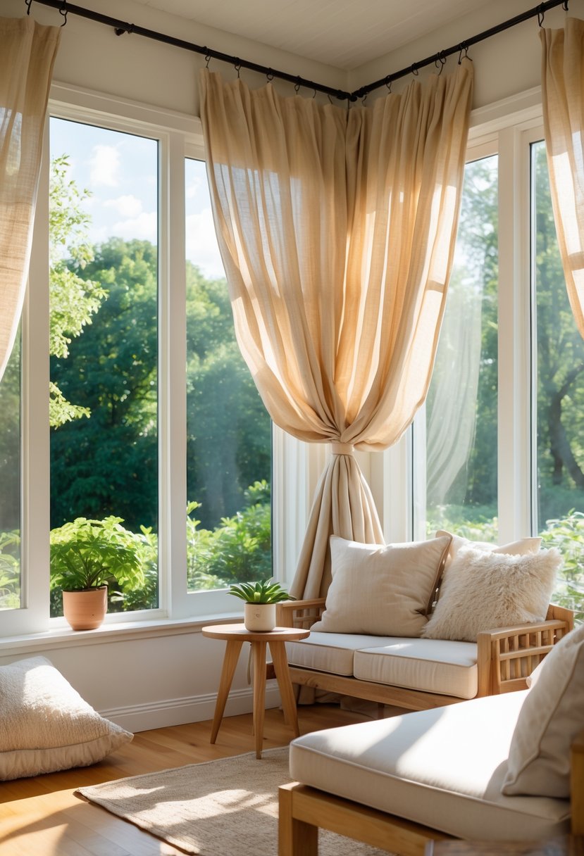 42 Cozy Sunrooms Inspiring Ideas for Relaxing Indoor Spaces 39 A sunroom with large windows and natural fiber curtains, comfortable seating, and greenery outside.