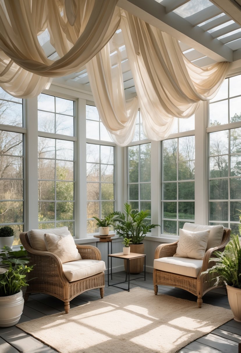 42 Cozy Sunrooms Inspiring Ideas for Relaxing Indoor Spaces 41 A cozy sunroom with large windows, soft draped fabric, comfortable seating, and plants.