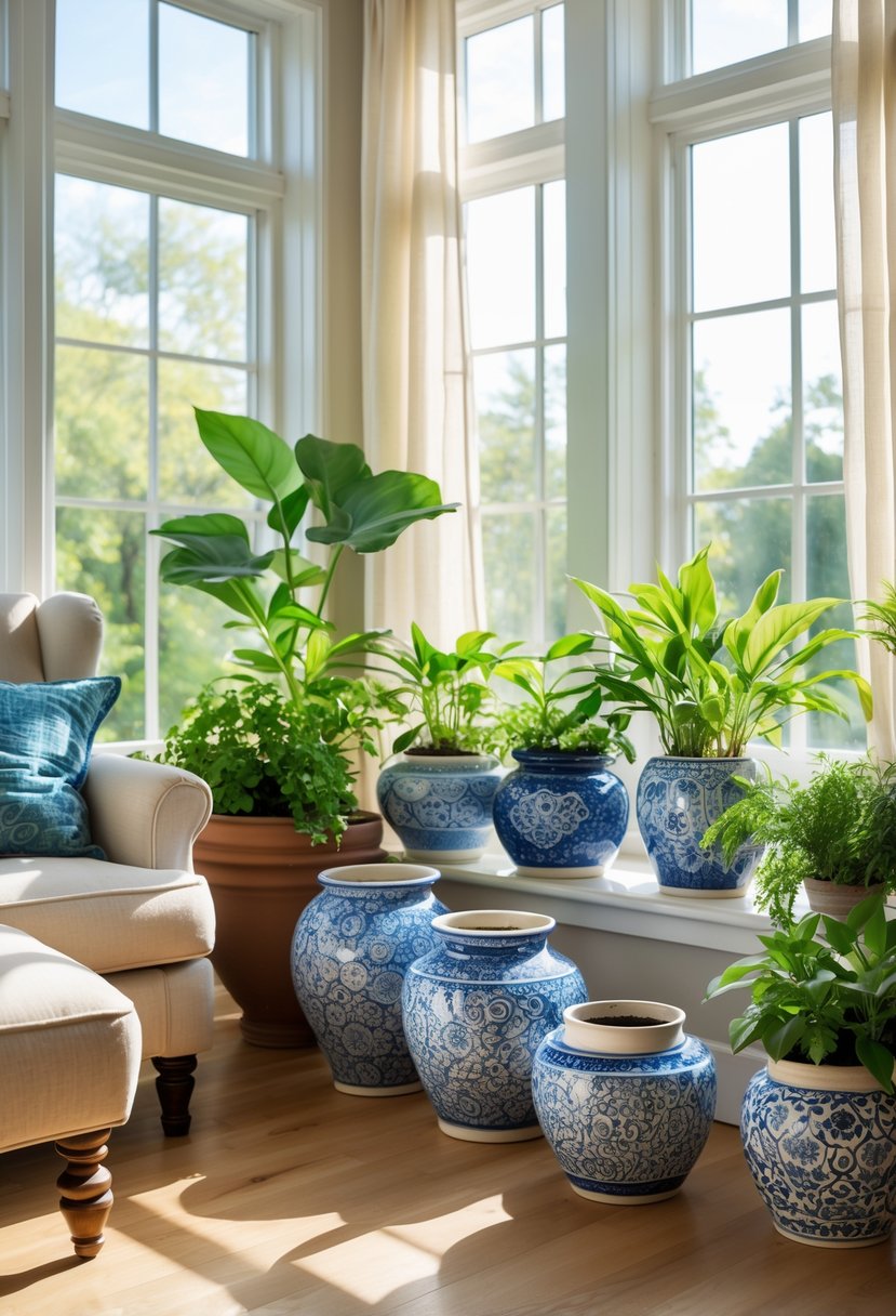 42 Cozy Sunrooms Inspiring Ideas for Relaxing Indoor Spaces 42 A sunlit room with patterned ceramic pots holding green plants and a comfortable armchair.