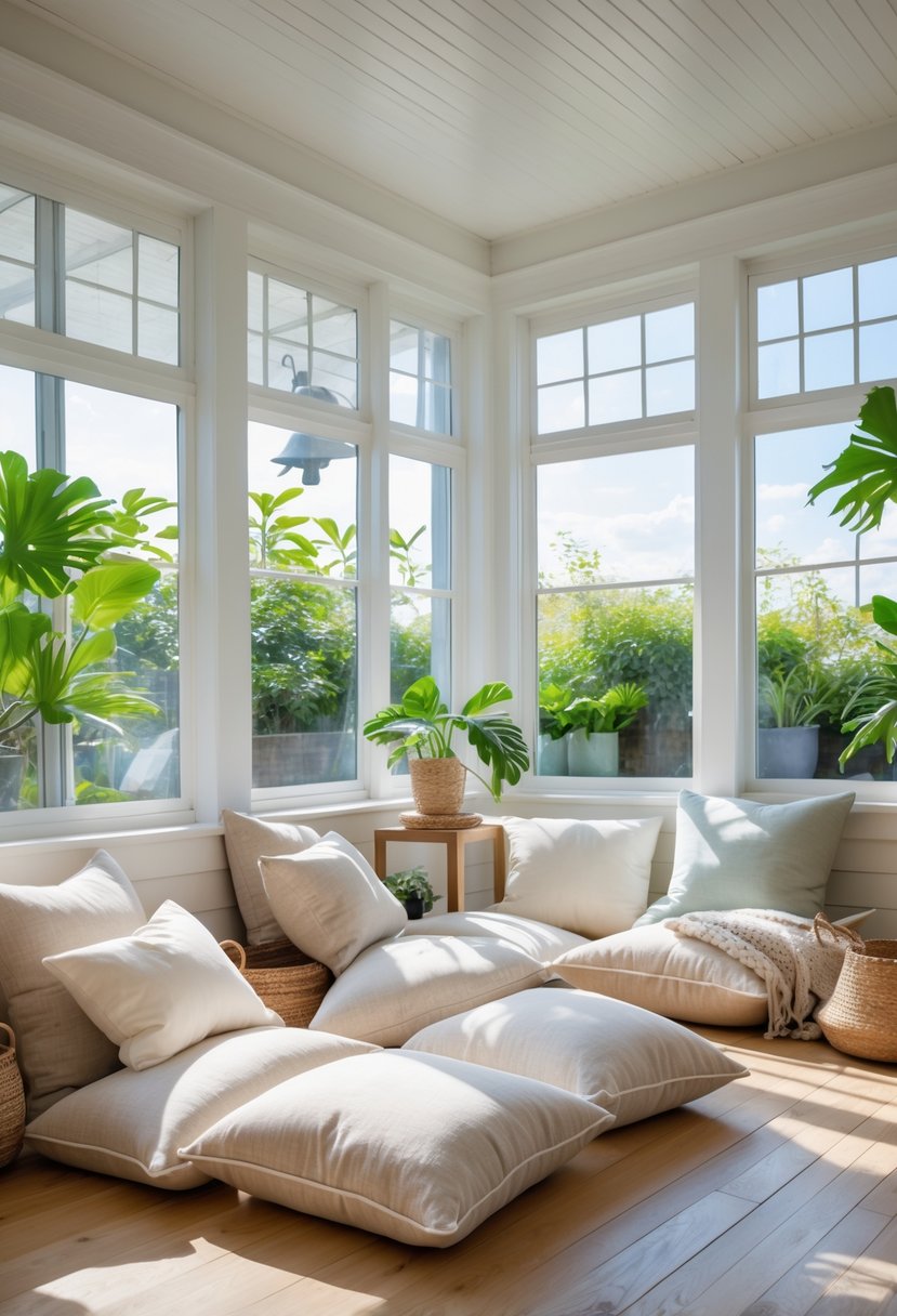 42 Cozy Sunrooms Inspiring Ideas for Relaxing Indoor Spaces 43 A sunlit sunroom with oversized floor pillows arranged on the floor, surrounded by plants and wooden furniture.